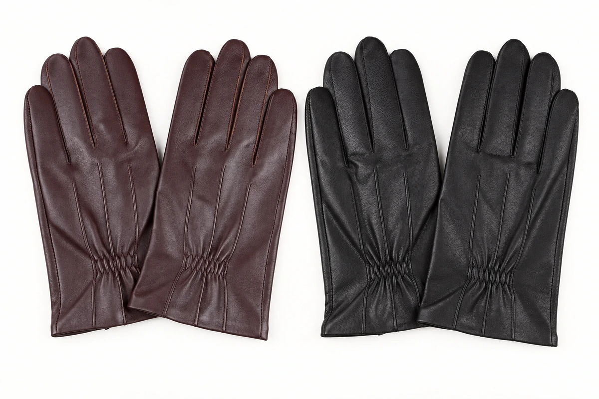 Burgundy and black leather glove pairs with gathered wrists