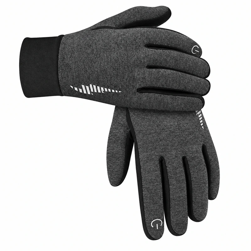 Gray fabric gloves with white back markings and fingertip symbols