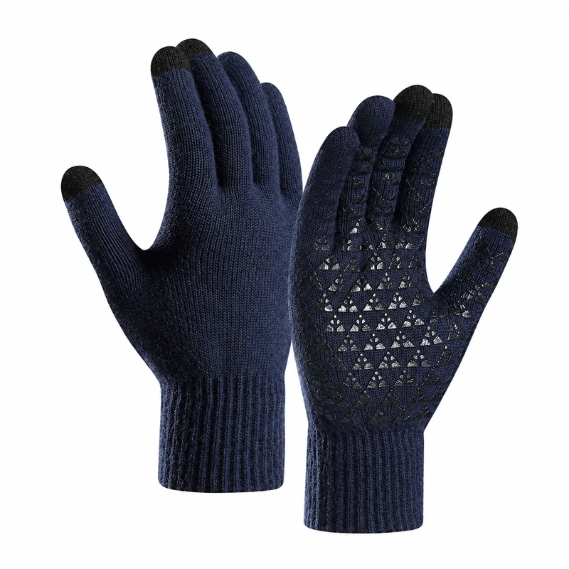 Navy knitted gloves with black fingertips and patterned palms