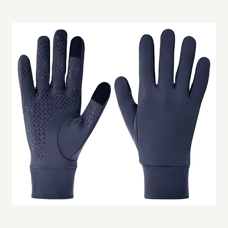 Navy full-finger gloves showing a patterned palm and plain back