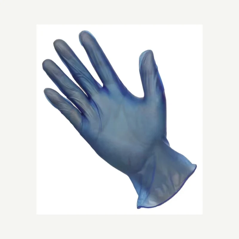 Translucent blue disposable glove with spread fingers and a loose cuff