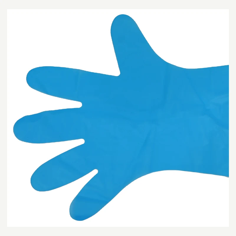 Flat blue film glove with spread fingers and a wide cuff