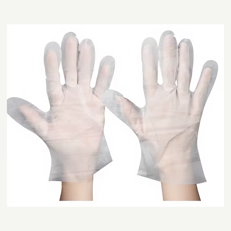 Clear loose-fitting gloves worn on two hands with open palms