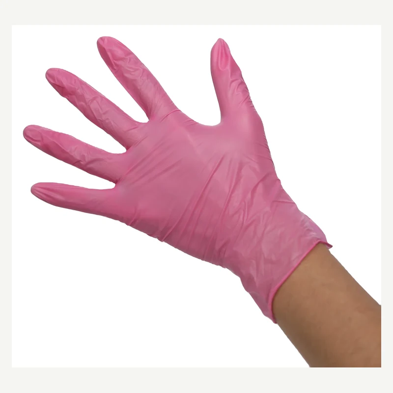 Pink disposable glove worn with spread fingers and a rolled cuff