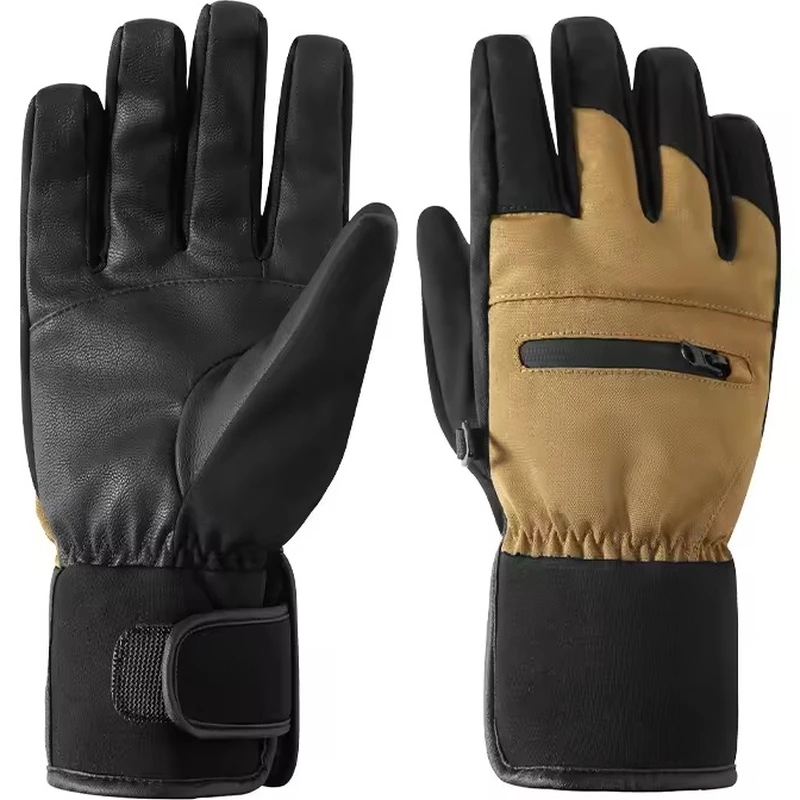 Black and tan outdoor gloves with palm panels and wrist closures