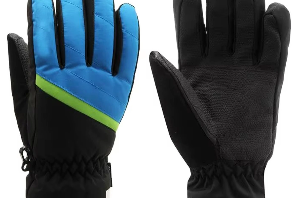 Blue and black gloves with a lime stripe and gathered wrists