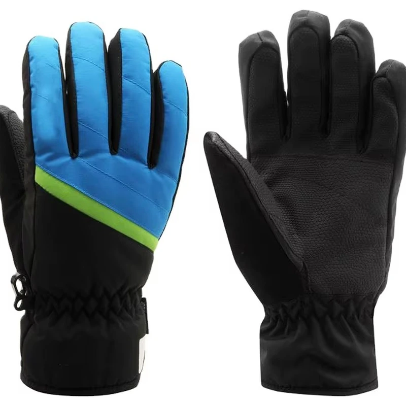 Blue and black full-finger gloves with green trim