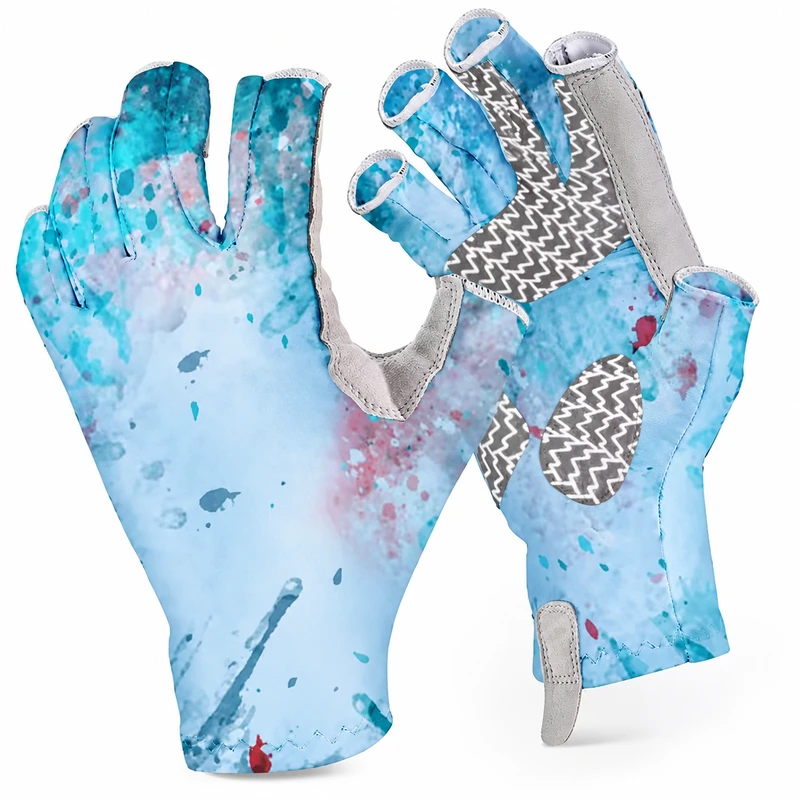 Blue patterned half-finger fishing gloves showing back and grip palm