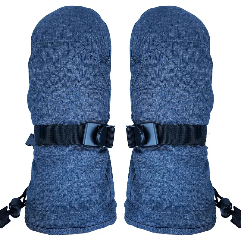 Blue outdoor mittens with wrist straps and extended cuffs