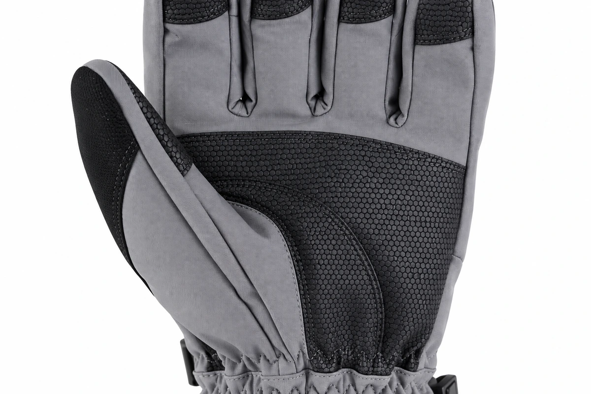 Gray outdoor glove showing stitched palm and fabric panel joins