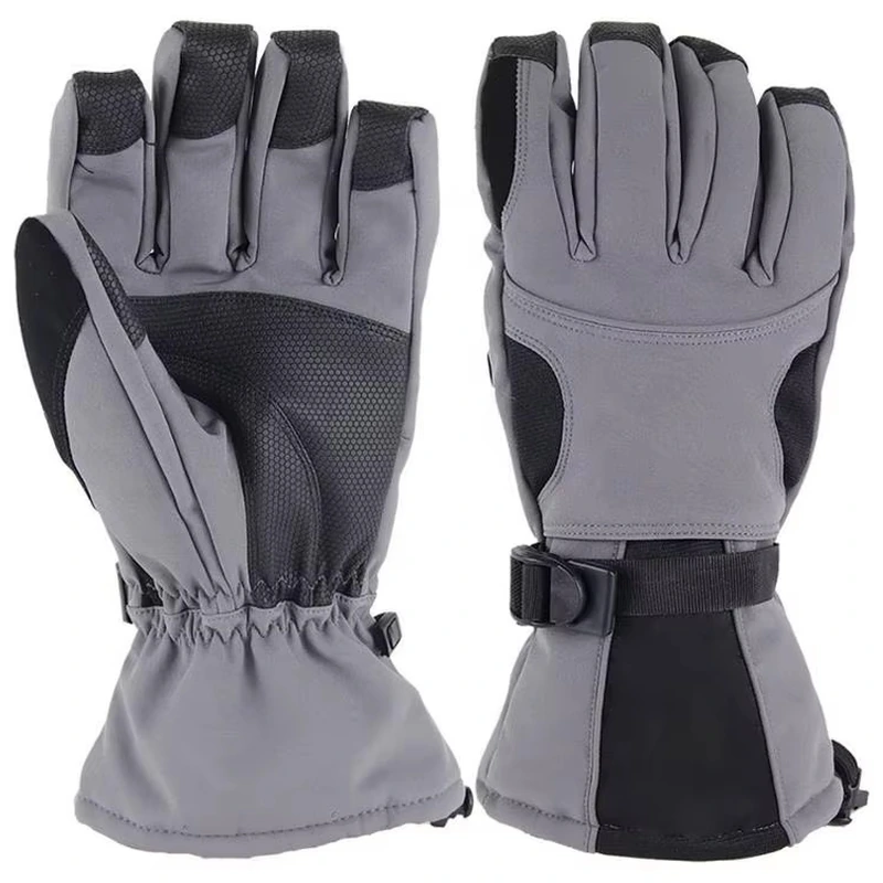 Gray outdoor gloves with palm panels and adjustable cuffs