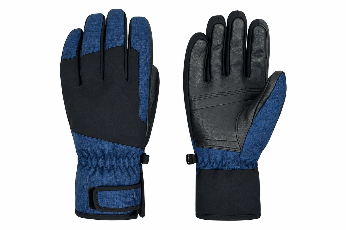 Navy outdoor gloves showing full-finger coverage and cuff closures