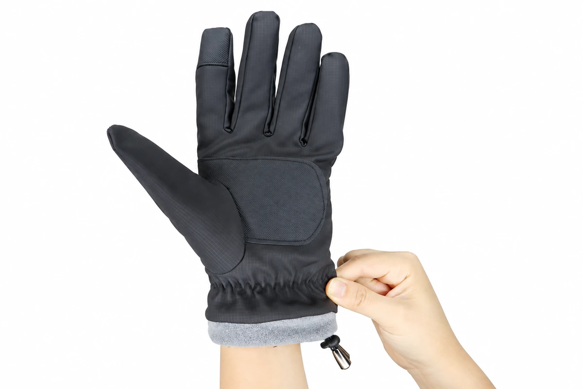Hand pulling the elastic wrist of a dark outdoor glove