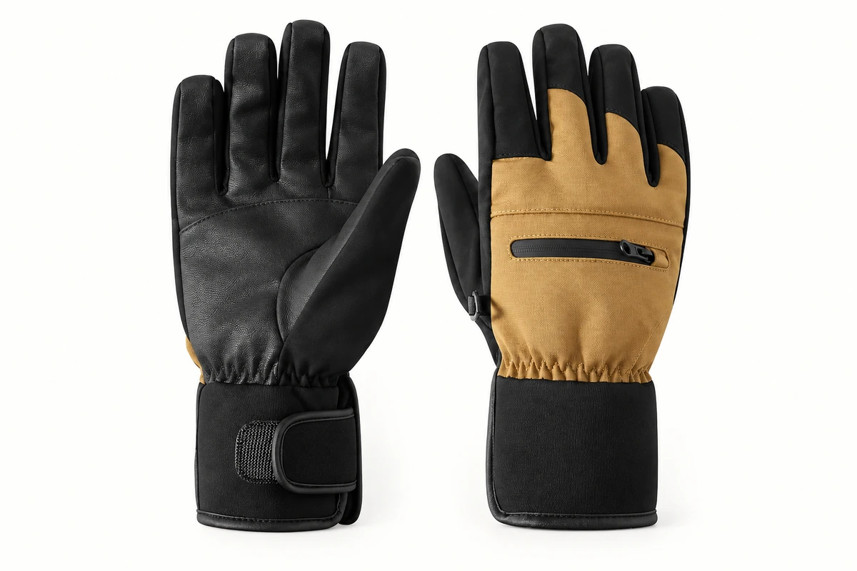 Tan and black outdoor gloves with palm panels and wrist closures
