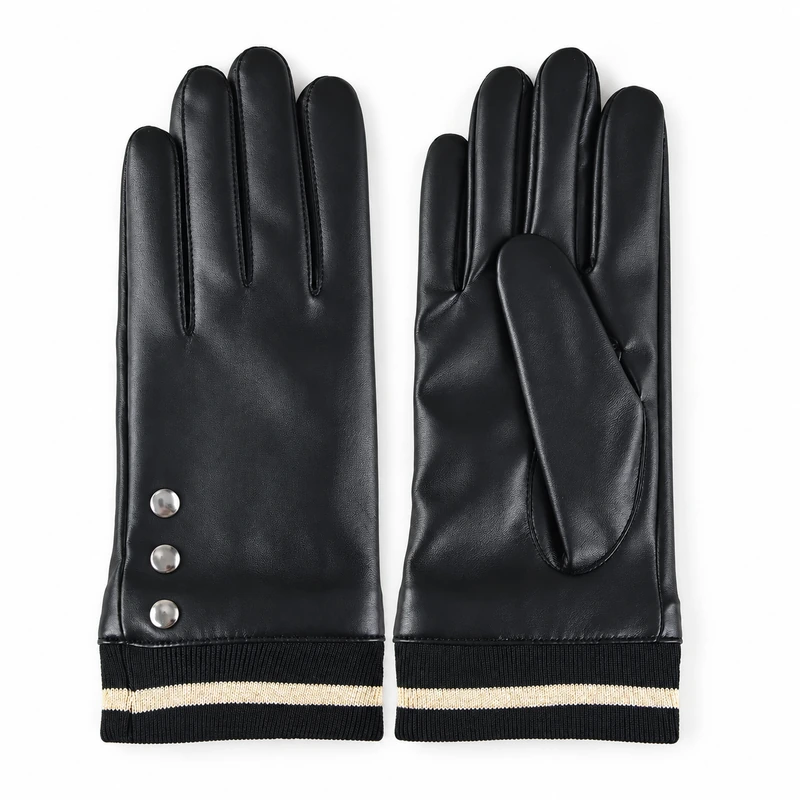Dark leather gloves with metal buttons and striped knit cuffs