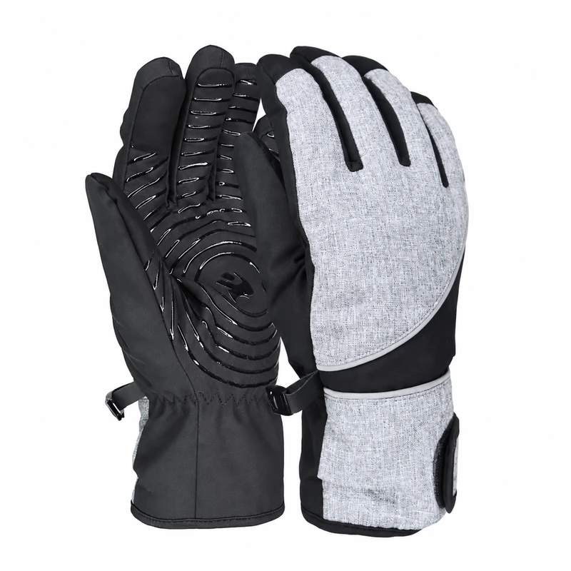 Gray and black winter gloves showing textured palms and fabric backs