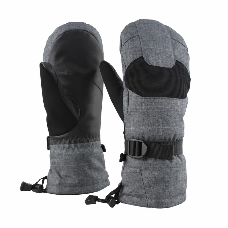 Gray winter mittens with black palms and adjustable long cuffs
