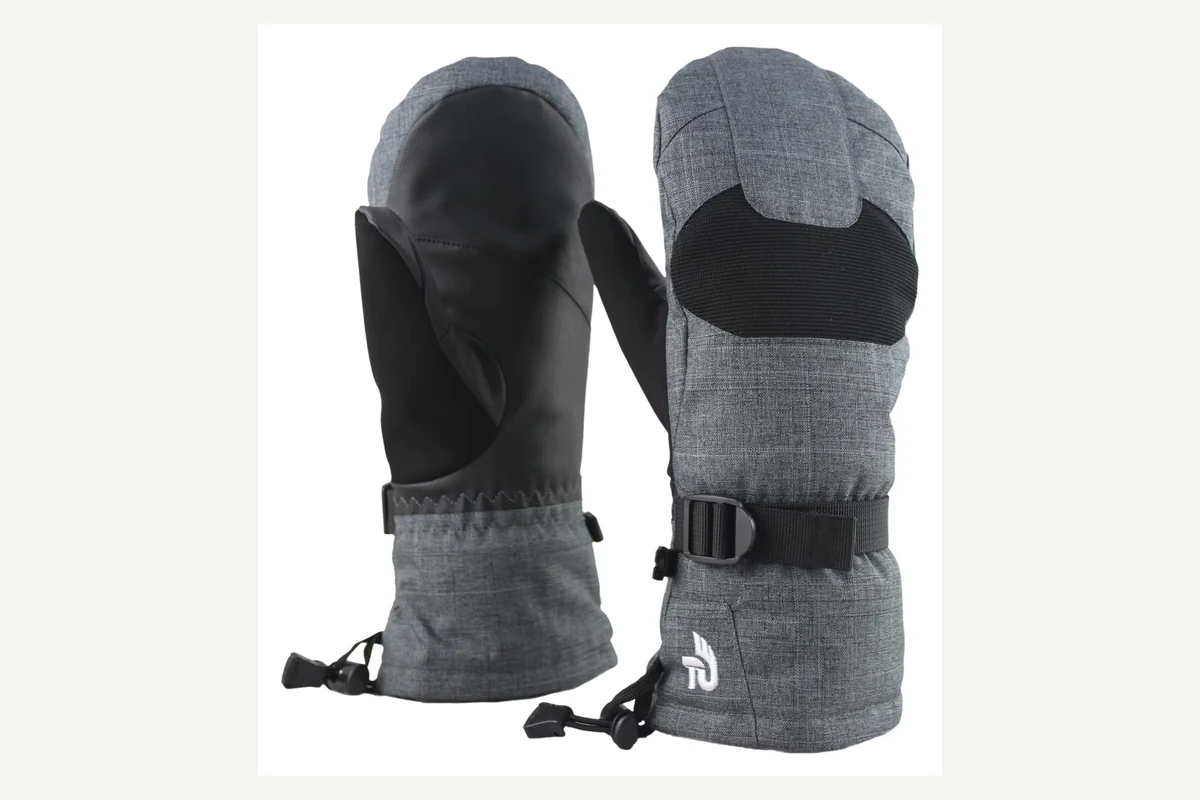 Gray winter mittens with black palms, cuff straps and drawcords