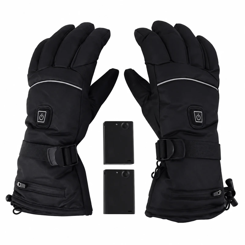 Black heated glove pair with two rectangular battery packs