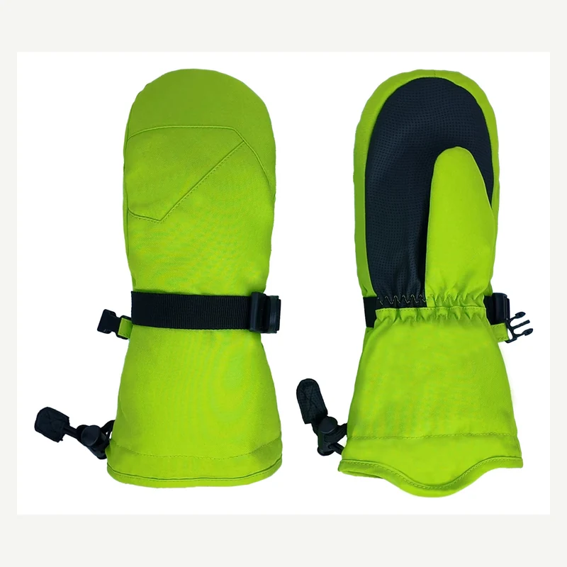 Lime winter mittens with dark palms and wrist straps