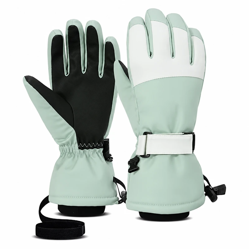 Mint and white outdoor gloves with black palms and wrist straps
