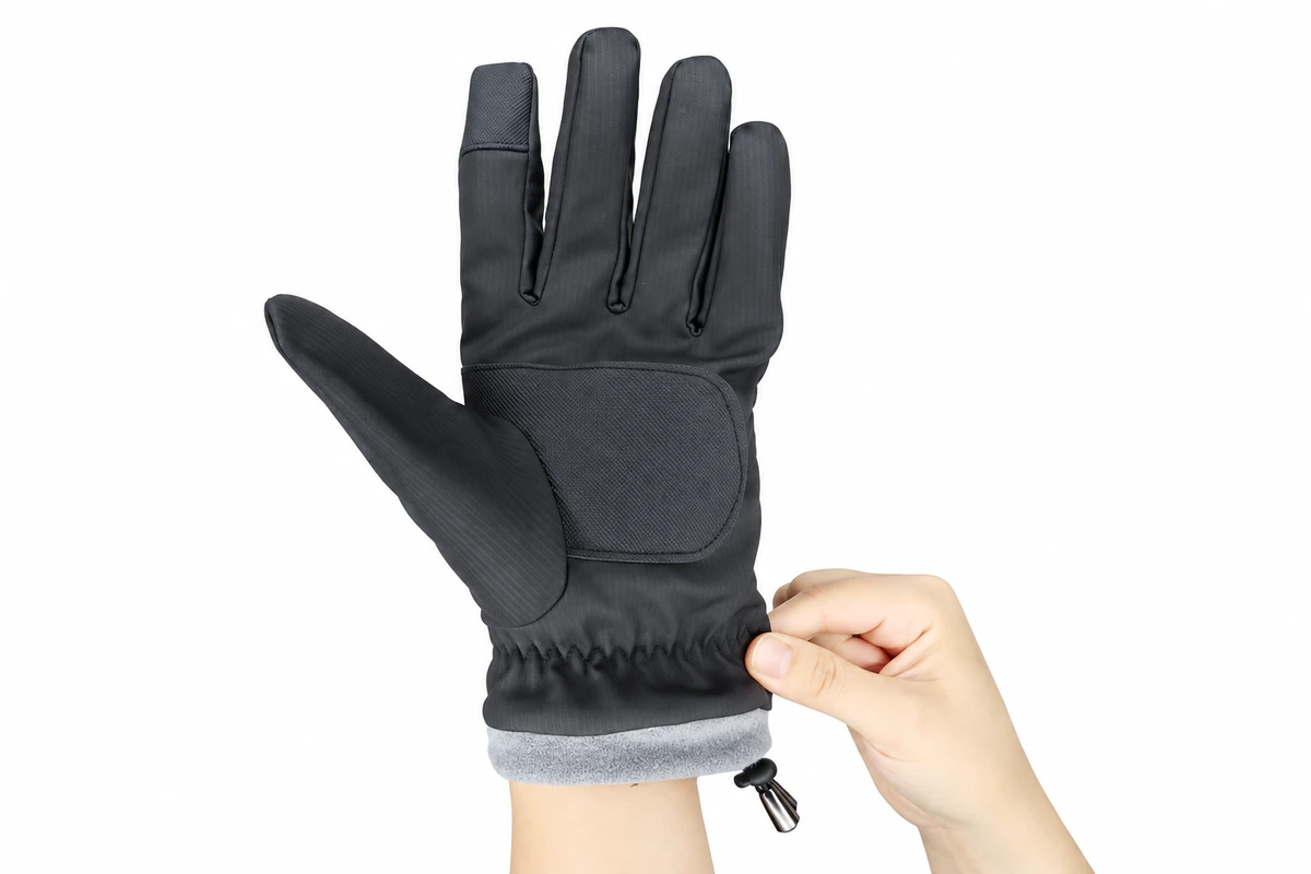 Gray winter glove worn while the cuff is adjusted