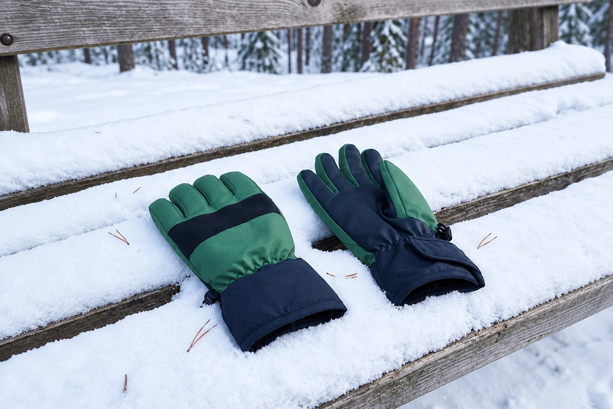 Green and navy winter gloves resting on a snow-covered bench