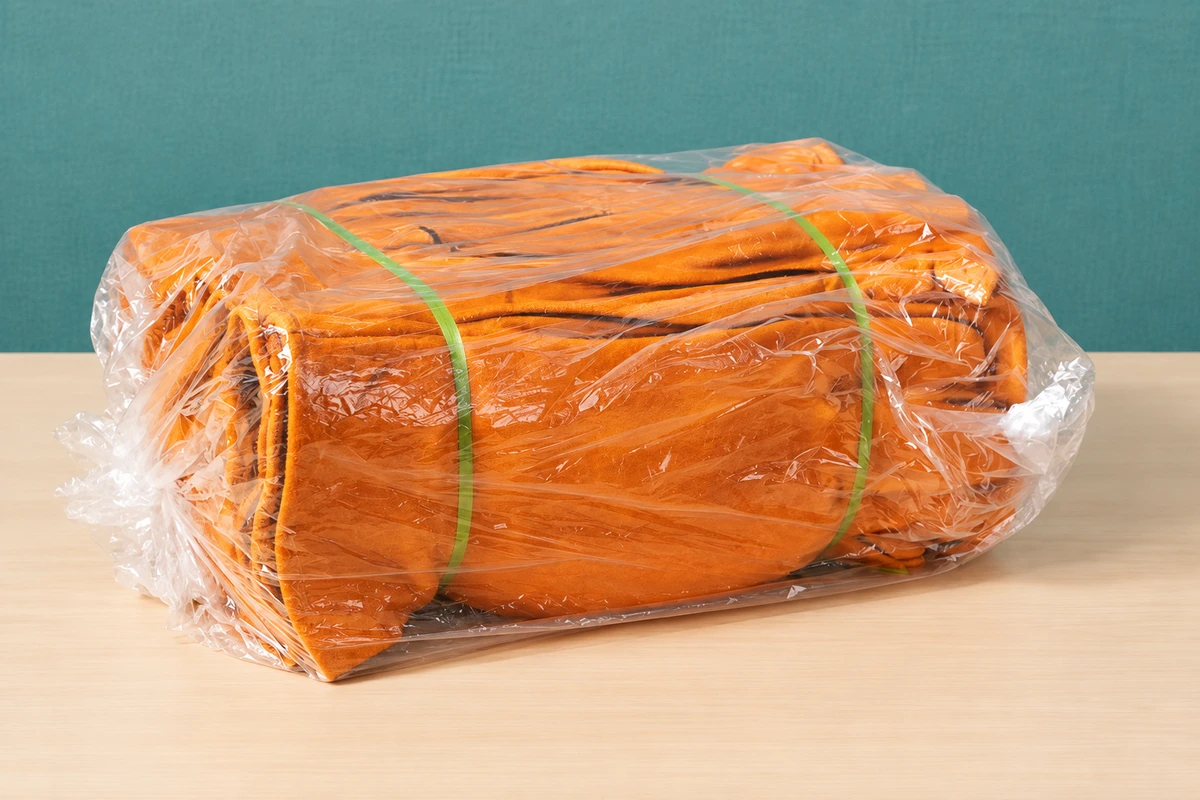 Orange leather gloves bundled in a clear plastic bag