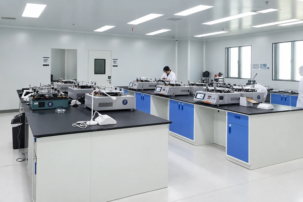 Laboratory benches with material testing equipment