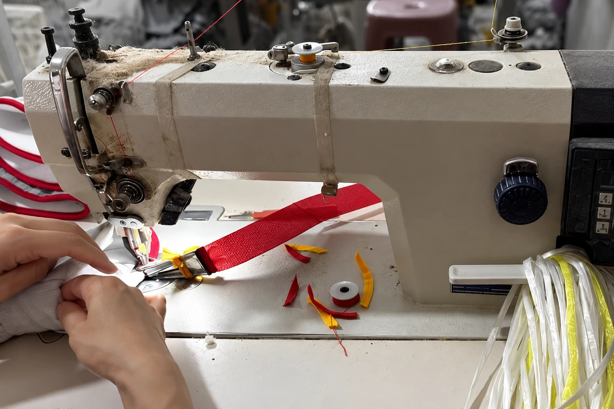 Hands stitching glove components at an industrial sewing machine
