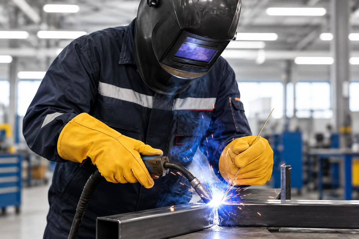 Welder wearing yellow leather gloves at a metal welding joint