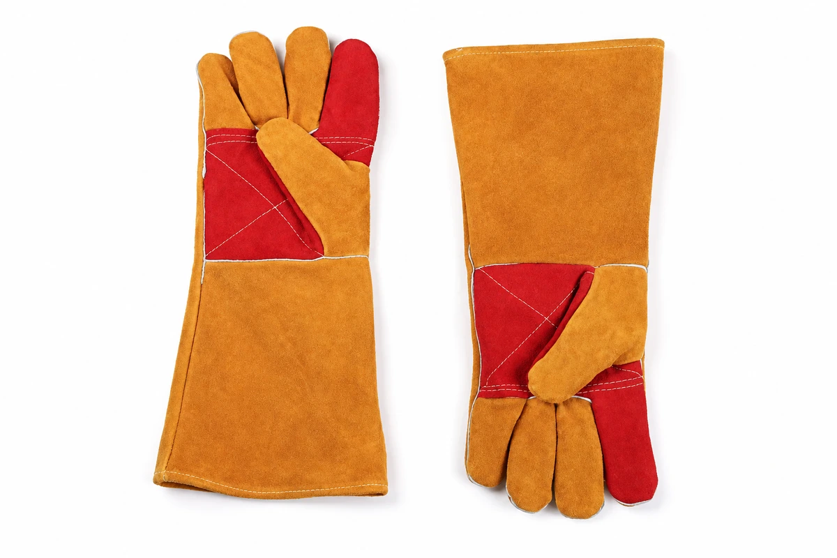 Tan and red welding glove pair showing long cuffs