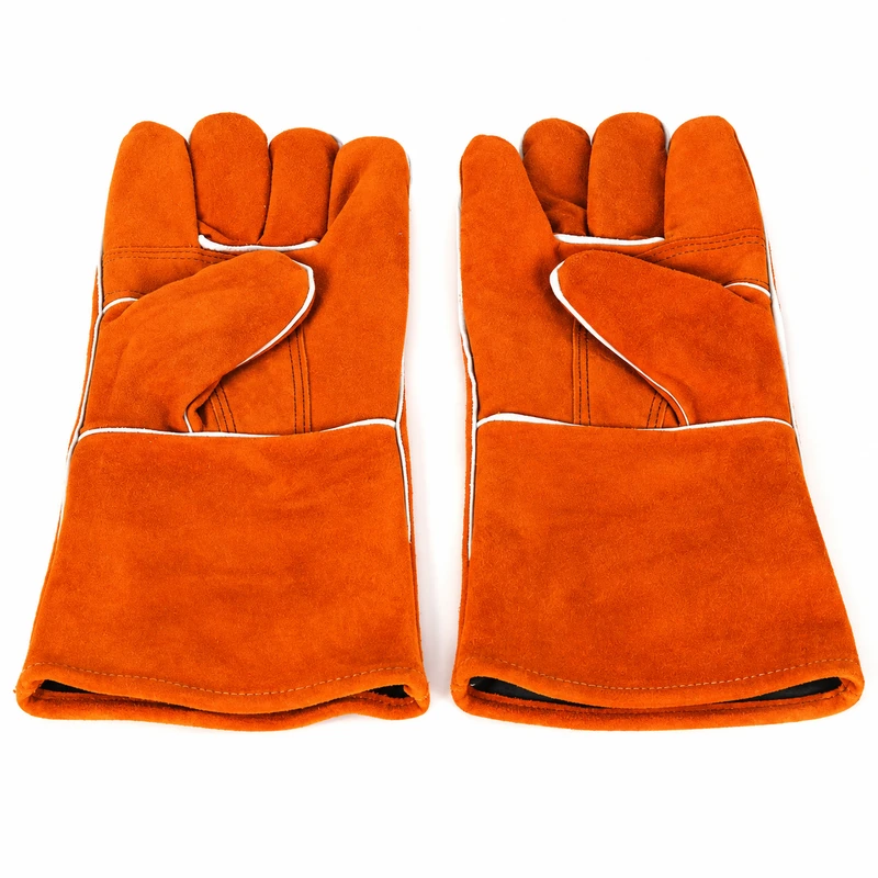 Orange leather welding gloves showing palm seams and open cuffs