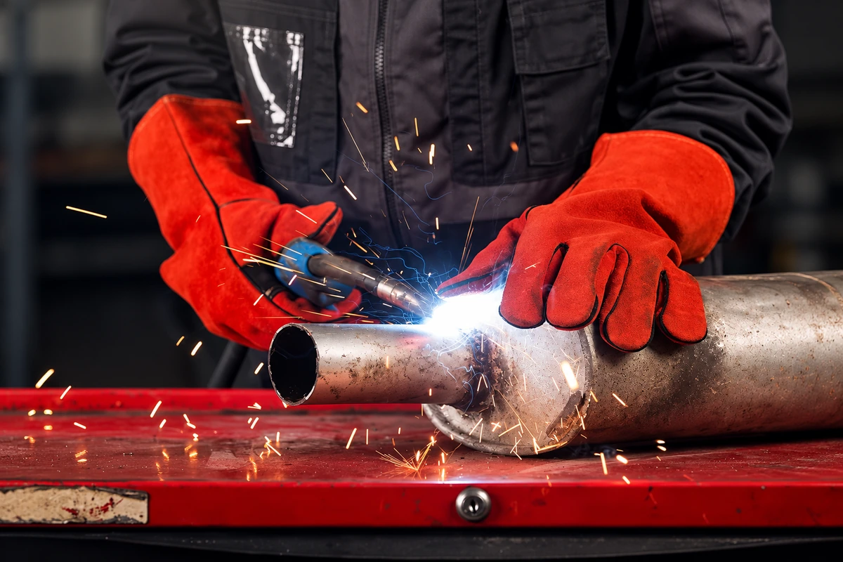 Red leather gauntlets worn while welding a metal pipe