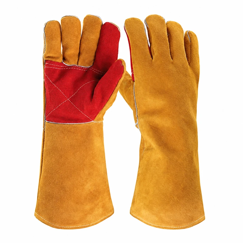 Tan long-cuff leather gloves with red reinforced palms