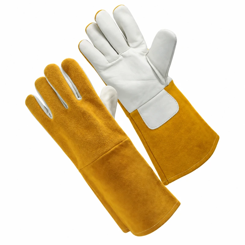 White and tan leather welding gloves showing palm and back