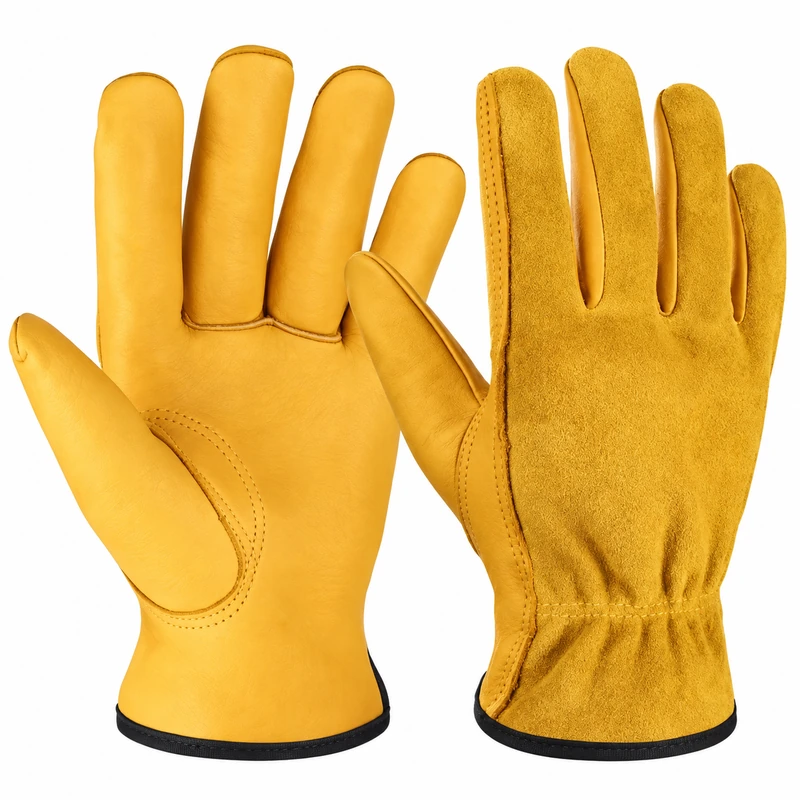 Yellow leather work gloves showing palm and textured back