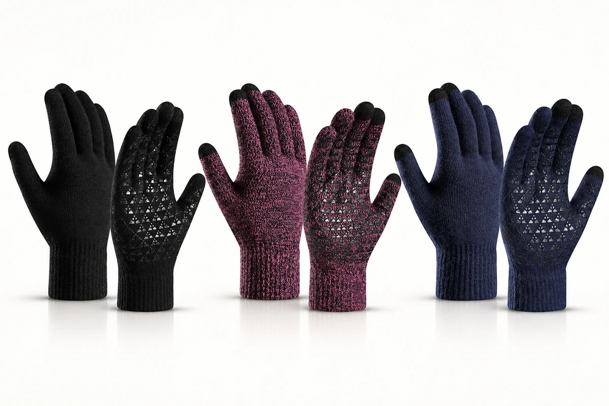Black, burgundy and navy knitted glove pairs with patterned palms