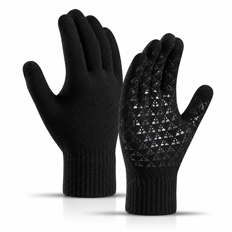 Black knitted gloves with ribbed cuffs and patterned palms