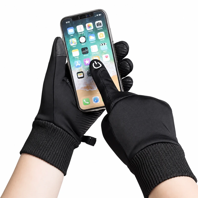 Black gloves holding a phone and touching its screen