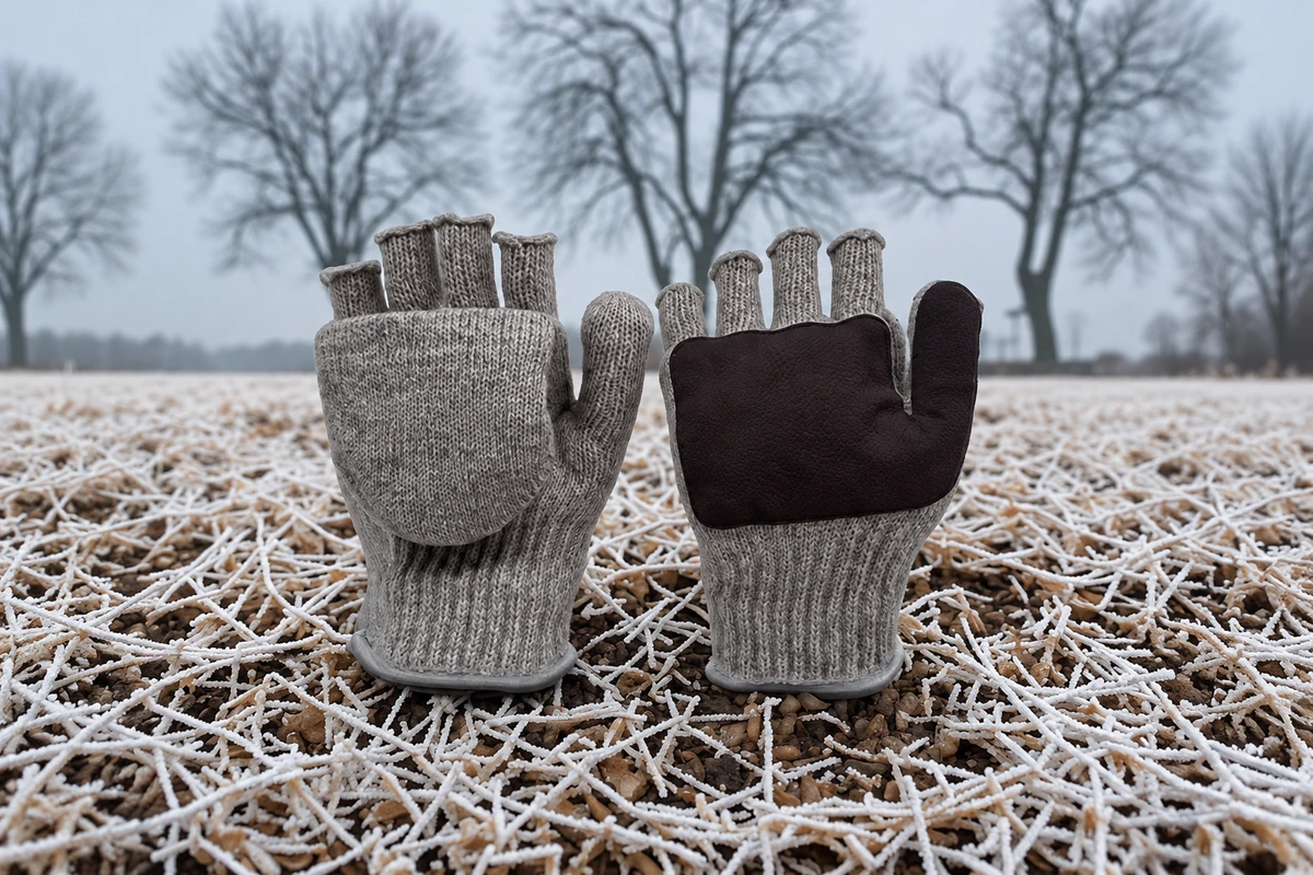 Gray convertible knitted gloves displayed on frosted grass