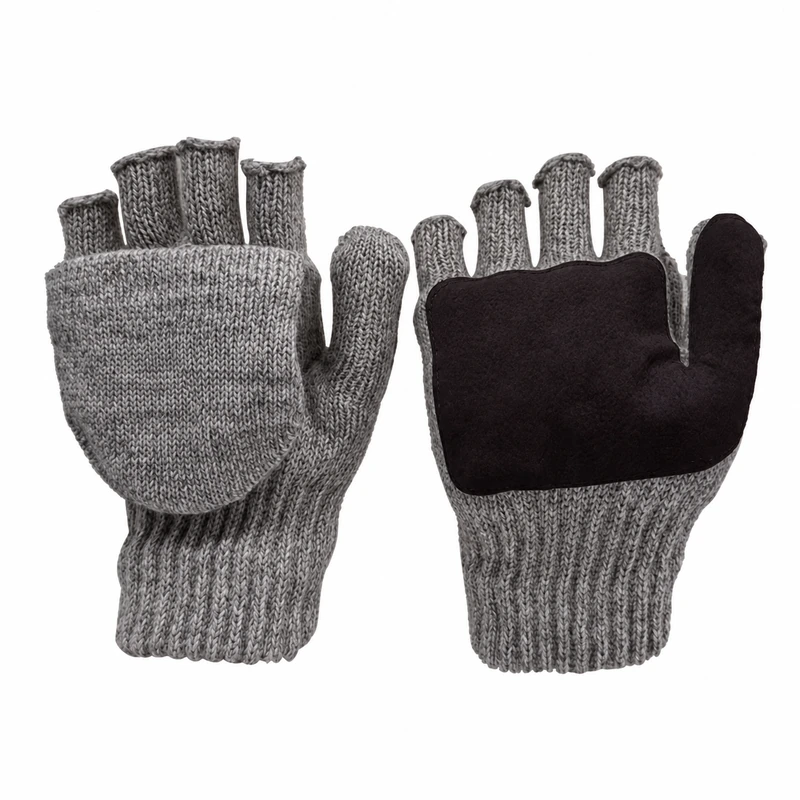 Gray fingerless knitted gloves with folding mitten covers and dark palm panels