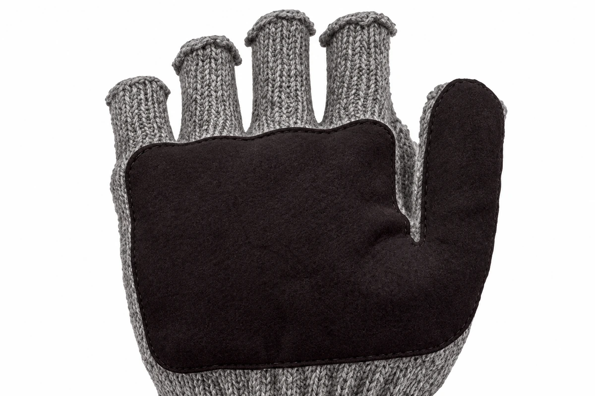 Open finger sections and a dark palm patch on a gray knitted glove