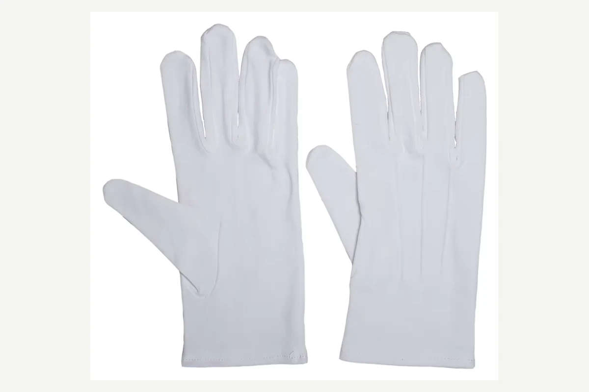 White full-finger gloves showing the palm and back