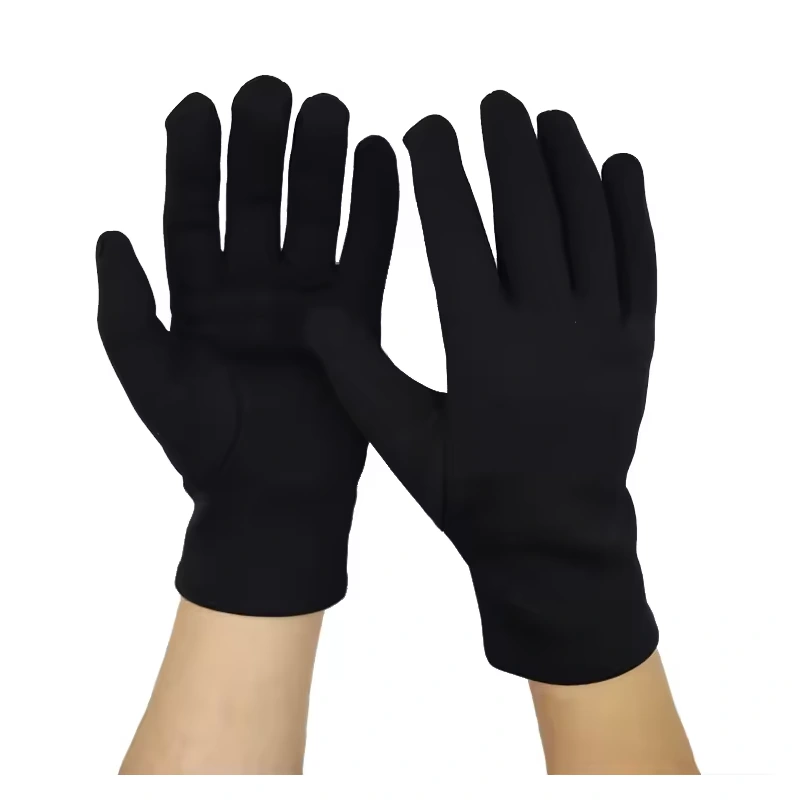 Black fleece gloves worn with one open palm and one back facing forward