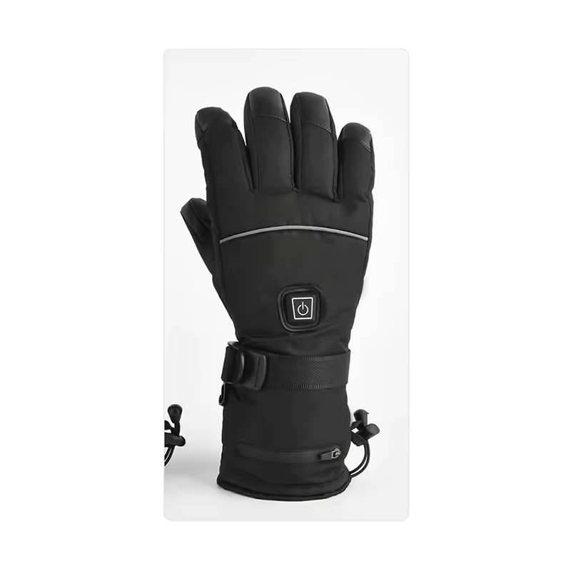 Black insulated glove with a power button, wrist strap, and zippered cuff pocket