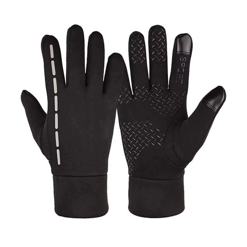 Black full-finger gloves with dotted grip palms and light back markings