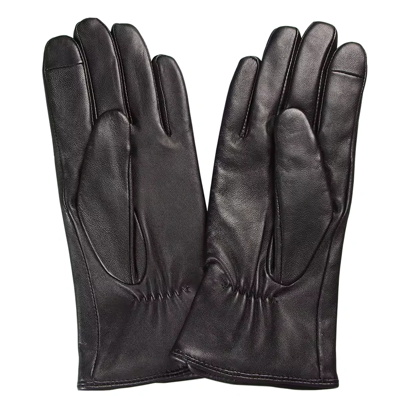 Black leather gloves with smooth palms and gathered wrists
