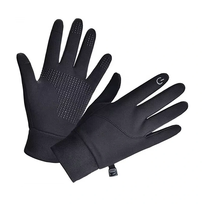 Black gloves with dotted palms and a small fingertip touch symbol