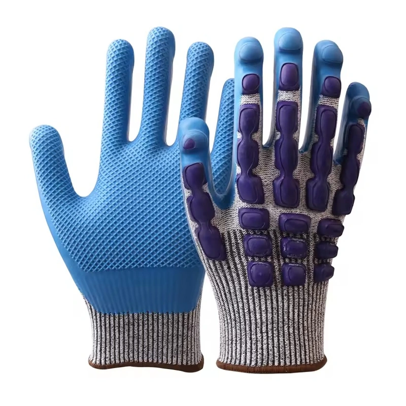 Blue work gloves showing a textured palm and raised purple back panels